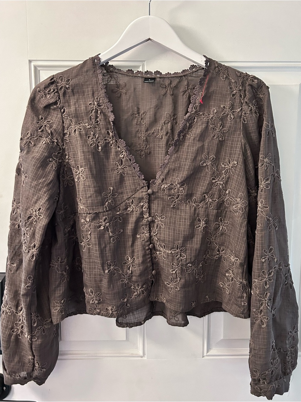 Woven Embroidered V-Neck Button Front Top in Taupe